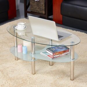 Mesa de Centro Ovalada de Cristal y Acero Cromado con Doble Repisa